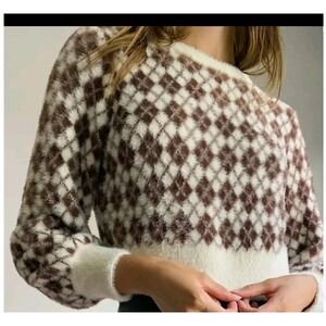 Aritzia Sunday Best Kitten Sweater Fuzzy Knit Sz Large Argyle Brown Cropped Deer